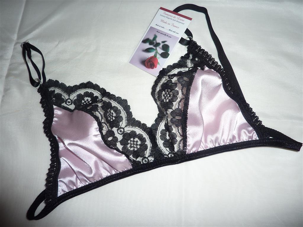 Pink Satin and Black Lace Bra